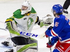 London goalie Dylan Myskiw didn't get the defensive help he needed as the Knights fell 4-0 to the Rangers in Kitchener on Tuesday night. (File photo)