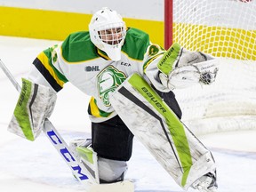 London Knights goalie Dylan Myskiw makes a glove save  during the third period of their game against the Kitchener Rangers  in London, Ont. on Sunday November 17, 2019. Derek Ruttan/The London Free Press/Postmedia Network