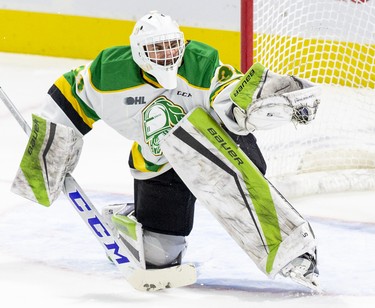 London Knights goalie Dylan Myskiw makes a glove save  during the third period of their game against the Kitchener Rangers  in London, Ont. on Sunday November 17, 2019. Derek Ruttan/The London Free Press/Postmedia Network