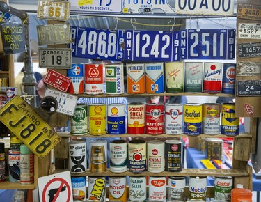 Lots of automotive collectibles including oil cans and license plates were for sale at the Woodstock Nostalgia Show at the Woodstock Fairgrounds in Woodstock, Ont. on Sunday November 17, 2019. Derek Ruttan/The London Free Press/Postmedia Network