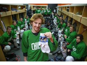 Elgin Middlesex Chiefs major midget AAA team captain Eric Smith and the rest of the team are selling 'Babsocks' for charity. (Derek Ruttan/The London Free Press)