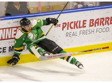 London Knights forward Nathan Dunkley hooked his foot around the goalie stick, causing him to fly into the boards seconds after Luke Evangelista used him as a decoy on a  2-on-1 and scored on Kitchener Rangers goalie Nathan Torchia at the Kitchener Memorial Auditorium in Kitchener, Ont. on Friday Nov. 22, 2019. Derek Ruttan/The London Free Press