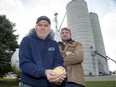 Dan Veldman and his son Josh need propane to operate the corn dryer behind them in Embro, Shipments are few and far between because of the strike at CN Rail. (Derek Ruttan/The London Free Press)