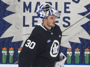 Toronto Maple Leafs goalie Michael Hutchinson looks on during practice at the Ford Performance Centre. (Ernest Doroszuk/Toronto Sun)