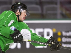 Connor McMichael of the London Knights fires a shot on net during practice at Budweiser Gardens.  (Mike Hensen/The London Free Press)
