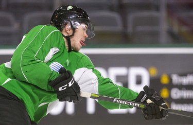 Connor McMichael of the London Knights fires a shot on net during practice at Budweiser Gardens.  (Mike Hensen/The London Free Press)