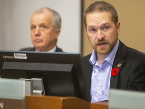 Council budget chair Josh Morgan, talks at council's special meeting on the budget at council in London.  (Mike Hensen/The London Free Press)