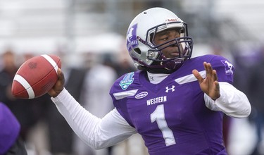 Western's Kevin John, pressed into service after starter and league MVP Chris Merchant was injured, looks downfield during the Yates Cup championship game Saturday November 9, 2019 at Western. After a sloppy start the Marauders took control and won 29-15. 
Mike Hensen/The London Free Press/Postmedia Network