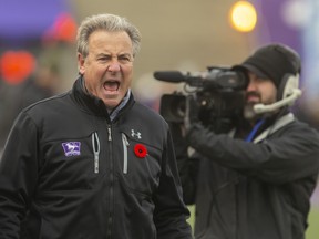 Western head coach Greg Marshall yells at game officials after there was no call of pass interference against McMaster when Western receiver Brett Ellerman was knocked down and the pass intercepted late in the Yates Cup championship game on Saturday November 9, 2019 at Western. The Marauders won 29-15. (Mike Hensen/The London Free Press)