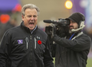 Western head coach Greg Marshall yells at game officials after there was no call of pass interference against McMaster when Western receiver Brett Ellerman was knocked down and the pass intercepted late in the Yates Cup championship game on Saturday November 9, 2019 at Western. The Marauders won 29-15. 
Mike Hensen/The London Free Press/Postmedia Network