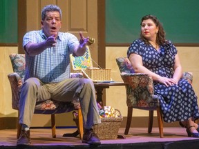 Dave Semple as Joe Boyd, the long-suffering Washington Senators fan who makes a deal with the devil to play for the team, with his wife, played by Rachel Weisdorf, who loses her husband every summer to baseball season. The London Community Players are presenting Damn Yankees at the Palace Theatre in London. Photograph taken on Tuesday November 26, 2019.  Mike Hensen/The London Free Press/Postmedia Network