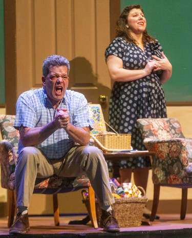 Dave Semple as Joe Boyd the long-suffering Washington Senators fan who makes a deal with the devil to play for the team with his wife, Rachel Weisdorf (Meg Boyd) who loses her husband every summer to baseball season. The London Community Players are presenting Damn Yankees at the Palace Theatre in London, Ont.  Photograph taken on Tuesday November 26, 2019.  Mike Hensen/The London Free Press/Postmedia Network