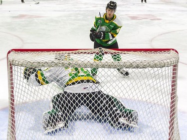 Antonio Stranges makes no mistake as he tucks his shot under the crossbar on a shoot out against Brent Brochu during the Knights skills competition held Wednesday November 27, 2019 at Budweiser Gardens.  (Mike Hensen/The London Free Press)