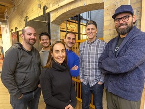 The leadership of Race Roster Robby Wilder, Chan Yin, Chantelle Wilder, Brandon Laan, Bob Pluss and CEO Alex Vander Hoeven. The London company was recently purchased by Asics. (Mike Hensen/The London Free Press)