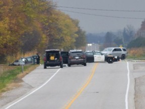 Police were on the scene investigating a fatal three-vehicle accident on Elginfield Road in Lucan Biddulph on Tuesday, October 29, 2019. (Dan Rolph photo)