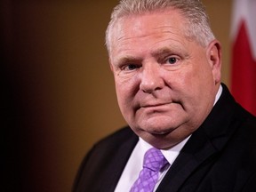 Ontario Premier Doug Ford speaks to the media outside of his office in the Ontario Legislature in Toronto on Thursday November 21, 2019. (THE CANADIAN PRESS/Chris Young)