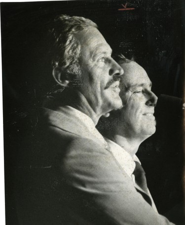 Dan Rowan and Dick Martin of Laugh-In, perform at the grandstand at Western Fair, 1975. (London Free Press files)