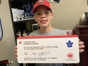 Brock Chessell, a 13-year-old cancer survivor from St. Marys, attended the Oct. 29 Toronto Maple Leafs game against Washington as part of the Air Canada Fan Flight program, which recognizes youth making a mark in their community. In January, Brock and his family will fly to Florida as part of the program to watch the Leafs play the Panthers. (Cory Smith/Postmedia Network)