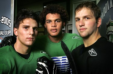 New kids on the block: Tony Romano, left, Akim Aliu and Nathan Martine are part of the new guard of the London Knights, who open the season tonight at the JLC. LFP ARCHIVE _ PUB. SEPT. 21/07 - d1
