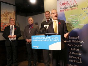 Vic Fedeli, the Minister of Economic Development, Job Creation and Trade, spoke in Woodstock, Ont. on Monday November 4, 2019 to introduce the Regional Development Program that'll invest $100 million over the next four years for Southwestern and Eastern Ontario businesses. (Greg Colgan/Postmedia Network)