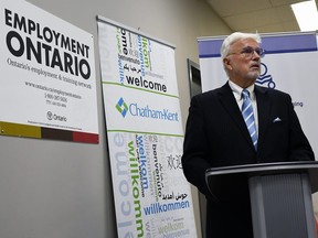 Chatham-Kent-Leamington MPP Rick Nicholls announces Chatham-Kent as a selection for the province's Regional Immigration Pilot, which is meant to attract skilled foreign workers, at Adult Language and Leaning in Chatham on Dec. 20. (Tom Morrison/Postmedia Network)