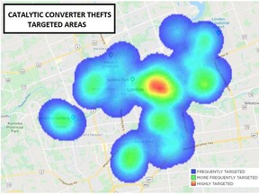 This London police map shows areas in London where catalytic convert thieves have struck. (Supplied)