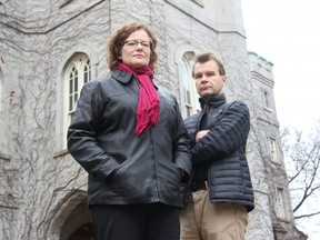 Local heritage advocates Sylvia Chodas and Mark Tovey stand outside the historic courthouse building on Ridout Street, which Middlesex County has conditionally sold to York Developments. A small delegation was present at the county building Wednesday, asking politicians to postpone the official sale of the site. JONATHAN JUHA/The London Free Press.
