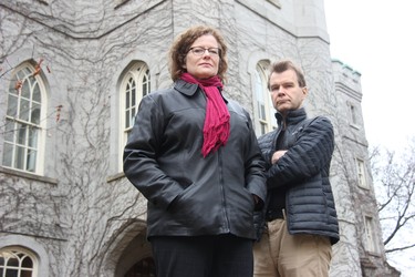 Local heritage advocates Sylvia Chodas and Mark Tovey stand outside the historic courthouse building on Ridout Street, which Middlesex County has conditionally sold to York Developments. A small delegation was present at the county building Wednesday, asking politicians to postpone the official sale of the site. JONATHAN JUHA/The London Free Press.