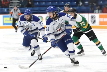 Chase Stillman, of the Sudbury Wolves, breaks to the net during OHL action against the London Knights at the Sudbury Community Arena in Sudbury, Ont. on Friday December 20, 2019. John Lappa/Sudbury Star/Postmedia Network