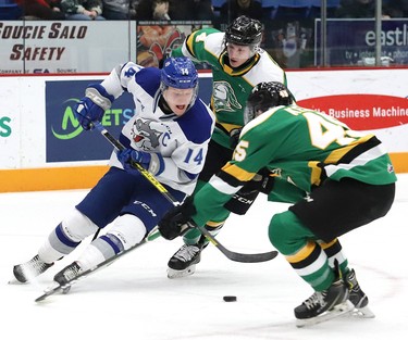 Macauley Carson, left, of the Sudbury Wolves, attempts to elude Gerard Keane, of the London Knights, during OHL action at the Sudbury Community Arena in Sudbury, Ont. on Friday December 20, 2019. John Lappa/Sudbury Star/Postmedia Network