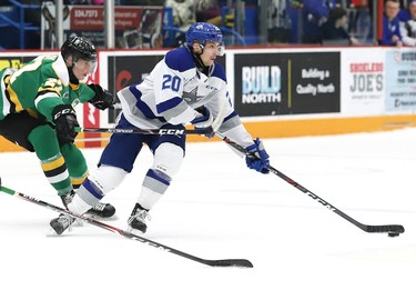 Shane Bulitka, right, of the Sudbury Wolves, looks for a teammate during OHL action against the London Knights at the Sudbury Community Arena in Sudbury, Ont. on Friday December 20, 2019. John Lappa/Sudbury Star/Postmedia Network
