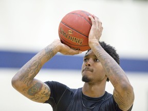 London Lightning's Maurice Bolden works on his free throws during a team practice at the YMCA Central Branch in London on Friday November 7, 2014. (File photo)