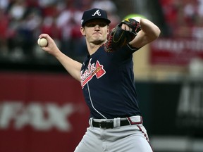 Atlanta Braves starting pitcher Mike Soroka (40) throws against the St. Louis Cardinals during the seventh inning in game three of the 2019 NLDS playoff baseball series at Busch Stadium. (Jeff Curry-USA TODAY Sports)