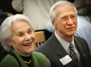 Grateful: Beryl and Richard Ivey enjoy the official opening of the Beryl Ivey Library at Brescia University College yesterday. Beryl Ivey, once a scholarship student at Brescia, gave $750,000 to the library renovation.