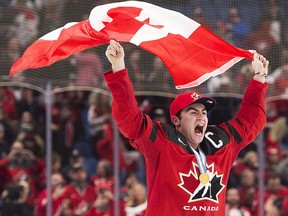 Canada forward Dillon Dube reacts after winning the gold medal against Sweden at the World Junior Championship in Buffalo, N.Y., on Friday, January 5, 2018. (THE CANADIAN PRESS/Nathan Denette)