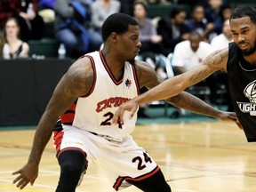 London Lightning's Jaylon Tate, right, is guarded by Windsor Express's Davon Dillard in the second half of a National Basketball League of Canada exhibition game at St. Clair College's Chatham Campus HealthPlex in Chatham, Ont., on Saturday, Dec. 14, 2019. Mark Malone/Chatham Daily News/Postmedia Network