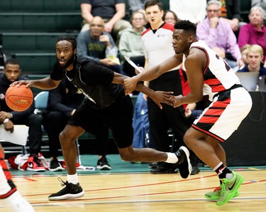London Lightning's Tevin Findlay, left, drives past Windsor Express's Kemy Osse in the second half of a National Basketball League of Canada exhibition game at St. Clair College's Chatham Campus HealthPlex in Chatham, Ont., on Saturday, Dec. 14, 2019. Mark Malone/Chatham Daily News/Postmedia Network