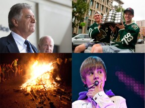 Clockwise from top left: Joe Fontana; Christian Dvorak and Mitch Marner; Justin Bieber; the St. Patrick's Day riots near Fanshawe College