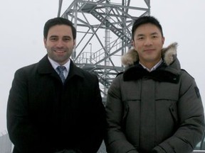 MP Peter Fragiskatos (L-London North Centre), who grew up in the Exeter area, and Environment Canada meteorologist Gerald Cheng were on hand as the department unveiled its new $4-million Exeter weather radar station Tuesday. (Scott Nixon/Exeter Lakeshore Times-Advance)
