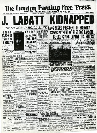 London Free Press front page on Tuesday, August 14, 1934, headline read J. Labatt Kidnapped. (London Free Press files)