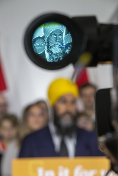 Jagmeet Singh's image appears in a television camera viewfinder while he kicked off the NDP's election campaign at Goodwill Industries in London on Wednesday September 11, 2019. (Derek Ruttan/The London Free Press)