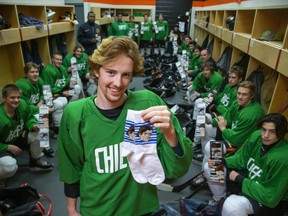 Middlesex Chiefs major midget AAA team captain Eric Smith and the rest of the team are selling Babsocks for charity. (Derek Ruttan/The London Free Press)