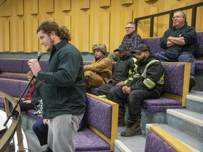 Desmond Williams, owner of 519 Tow, addresses city councillors about a proposed bylaw that would require tow crews to stay at least 200 metres from any collision, unless called by a customer. Photo shot in London, Ont. on Tuesday. (Derek Ruttan/The London Free Press)