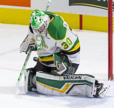 London Knight goalie Brett Brochu makes a save during the first period of their game against the Owen Sound Attack at Budweiser Gardens in London, Ont. on Friday, Dec. 6, 2019. Derek Ruttan/The London Free Press