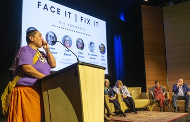 Diane Kittay gathers her composure as she speaks about those living on the streets at the Face it | Fix It forum held at the Wolf Performance Hall on Monday.  (Mike Hensen/The London Free Press)