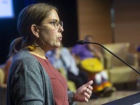 Dr. Andrea Sereda speaks about changing how we speak about the marginalized in our society at the Face it | Fix It forum held at the Wolf Performance Hall on Monday Dec. 2, 2019.  (Mike Hensen/The London Free Press)