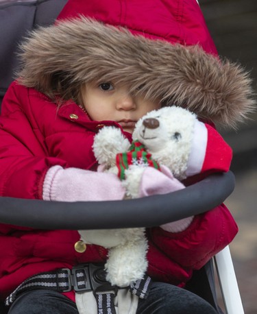 Laura Rodrigues, 19 months, who came to London recently from Brazil, is bundled up against the cool late afternoon air on London's Dundas Place flex street as the new sections between Richmond and Wellington streets were closed for a celebration Friday afternoon. (Mike Hensen/The London Free Press)