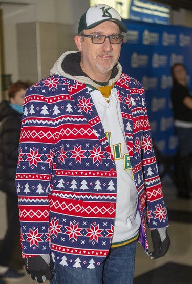 Jeff Somerville shows off his best outfit at Ugly Sweater Night at the London Knights game against the Sarnia Sting at Budweiser Gardens in London on Friday. (Mike Hensen/The London Free Press)