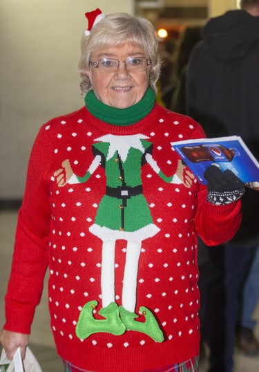 Sharon Baker attends Ugly Sweater Night at the London Knights game against the Sarnia Sting at Budweiser Gardens in London on Friday. (Mike Hensen/The London Free Press)