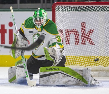 Sting's Marek Berka's shot just over the pad of Knights goalie Dylan Myskiw was the first of three Sting goals in the first period of their game at Budweiser Gardens in London, Ont.  Photograph taken on Friday December 13, 2019.  Mike Hensen/The London Free Press/Postmedia Network